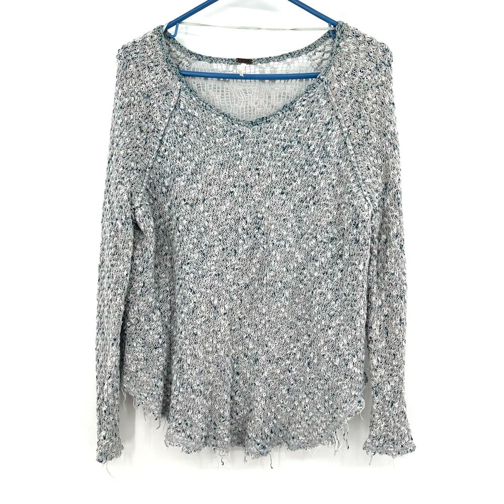 Free People Size XS Sweater Gray Lacey Crocheted Sheer Back Stretch Pullover‎